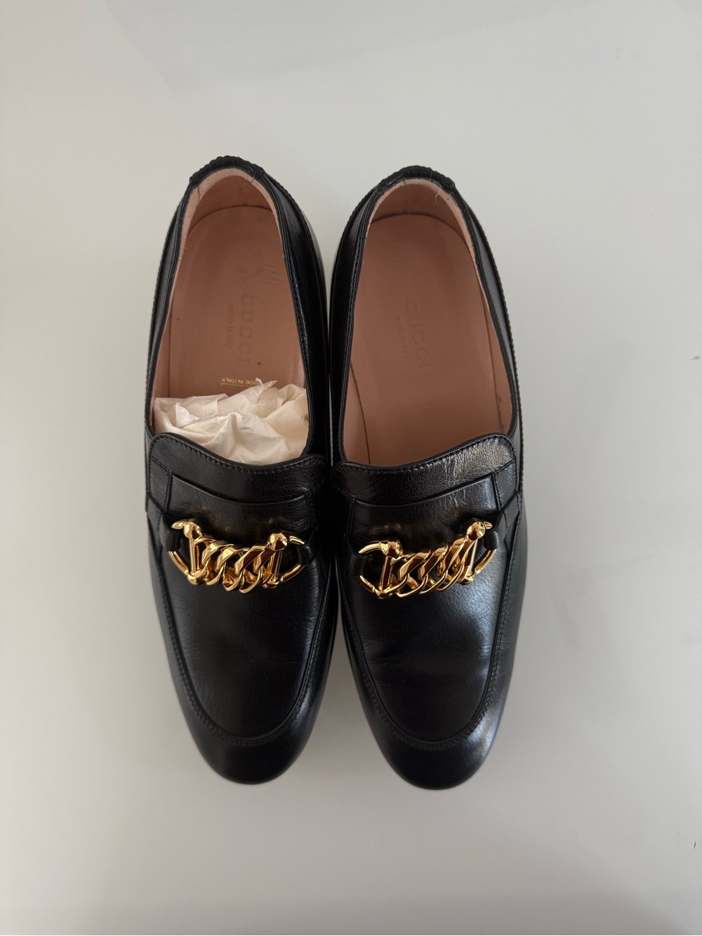Gucci Black Leather Loafers with Gold Chain Hardware